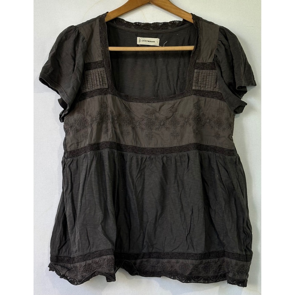 Lucky Brand T Shirt Top Embroidered Lace Babydoll Womens L Gray